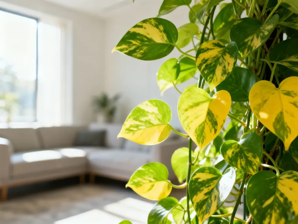 Zbliżenie na liście Epipremnum happy leaf o zielono-żółtym wybarwieniu w jasnym, słonecznym salonie.
