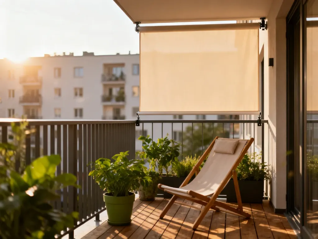 Nowoczesny balkon z rozkładanym zadaszeniem zamontowanym bez wiercenia, uzupełniony wygodnym fotelem i roślinami.