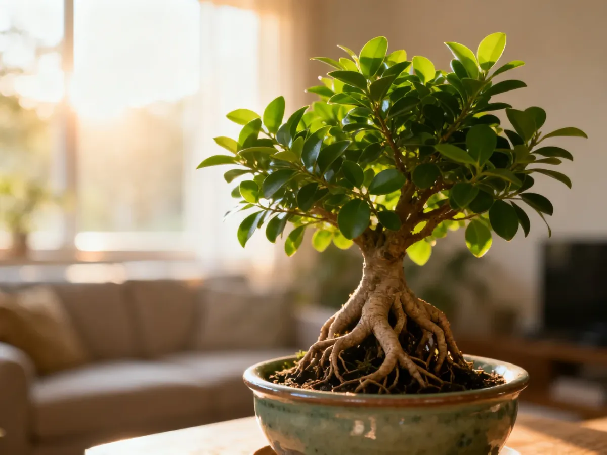 Bonsai Ficus microcarpa w ceramicznej doniczce z wyeksponowanymi korzeniami i bujnymi, zielonymi liśćmi w słonecznym wnętrzu.