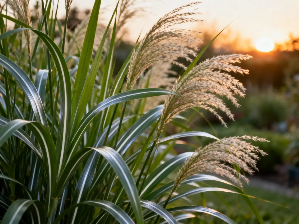 Bujna kępa trawy ozdobnej Miscanthus sinensis z delikatnymi kwiatostanami w ciepłym świetle zachodzącego słońca.