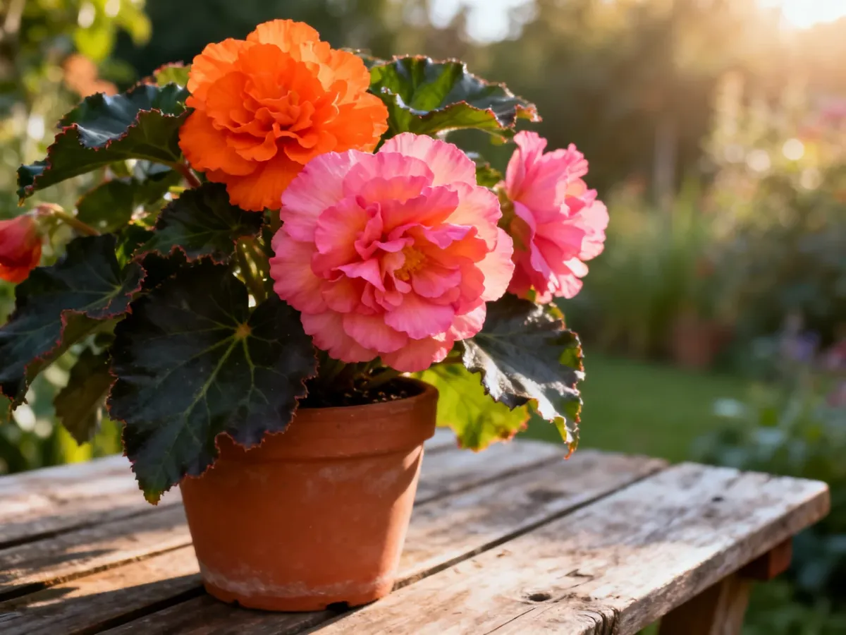 Kwitnąca begonia Solenia o pomarańczowo-różowych płatkach w terakotowej donicy na drewnianym stole ogrodowym.