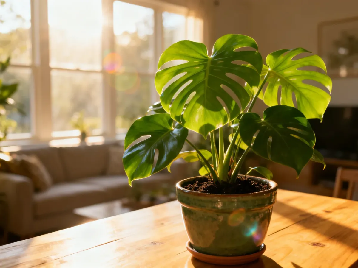 Bujna monstera w doniczce na drewnianym stole, prezentująca zdrowe, lśniące liście w słonecznym salonie.