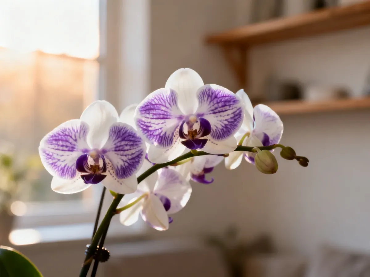 Kwitnący storczyk Phalaenopsis o biało-fioletowych płatkach w jasnym, domowym wnętrzu.
