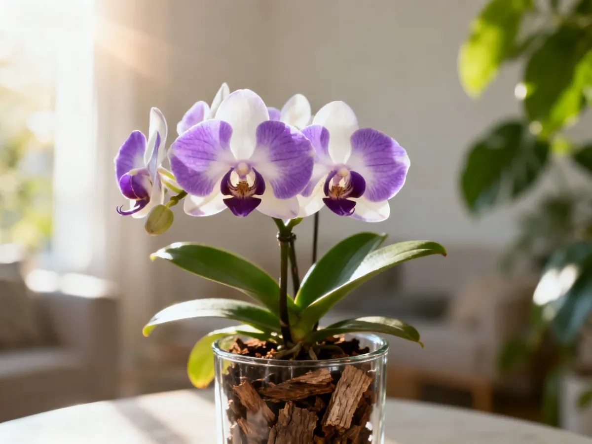 Kwitnący storczyk Phalaenopsis w szklanej doniczce z korą, ustawiony w jasnym, przytulnym wnętrzu.