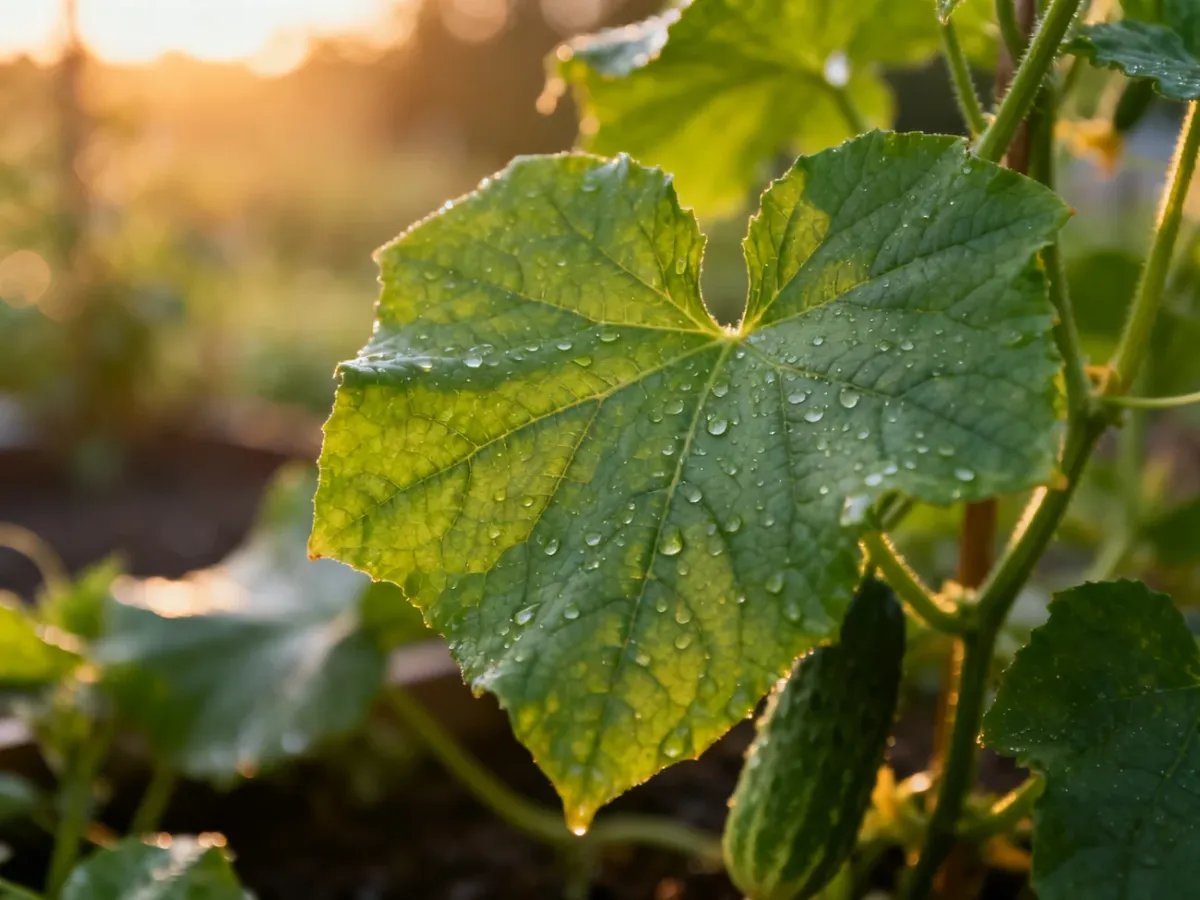 Zdrowe, soczyście zielone liście ogórka z kroplami rosy w przydomowym ogrodzie, oświetlone ciepłym światłem poranka.