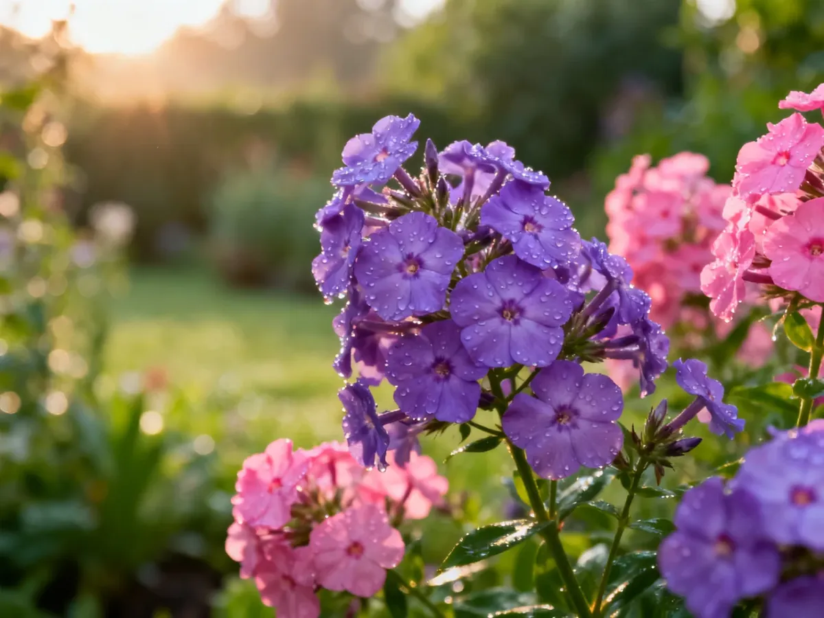 Zbliżenie na kwitnące fioletowe i różowe kwiaty floksów z kroplami rosy w słonecznym ogrodzie.