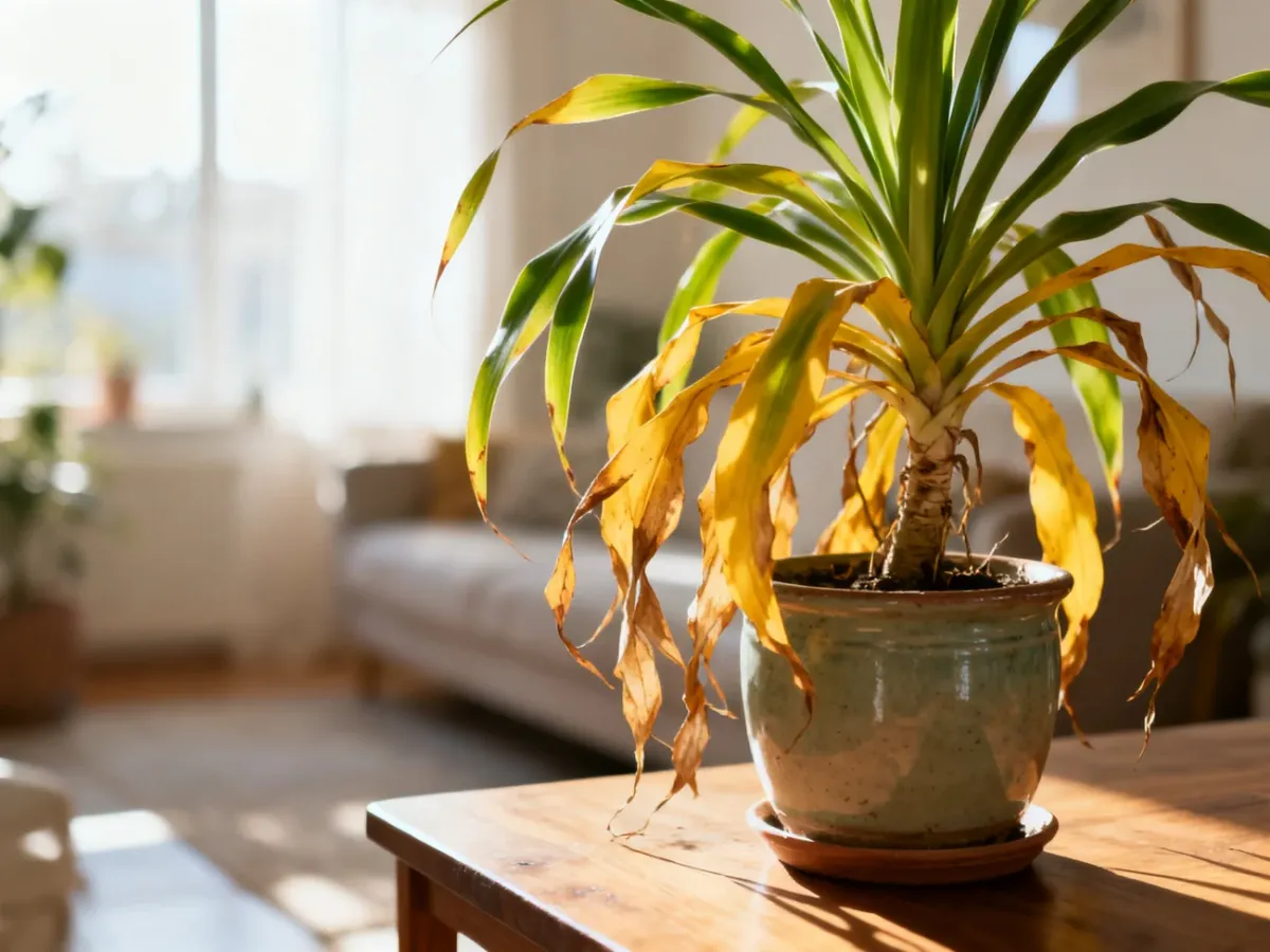 Dracena z żółknącymi i opadającymi liśćmi w ceramicznej doniczce, wymagająca interwencji pielęgnacyjnej.