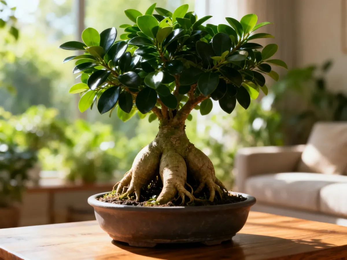 Bonsai Ficus ginseng z charakterystycznymi grubymi korzeniami i lśniącymi liśćmi, ustawiony na drewnianym stole.