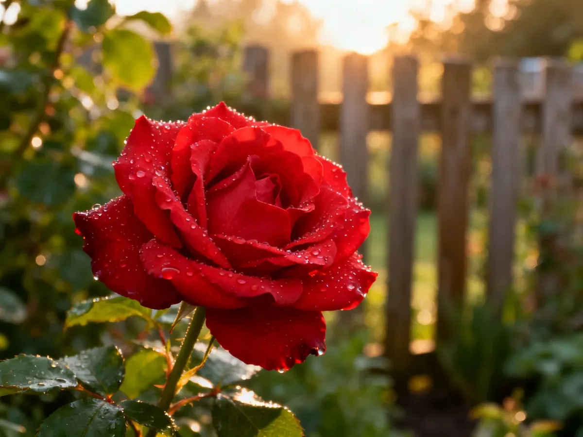 Zdrowa, czerwona róża z kroplami rosy w ogrodzie o zachodzie słońca, symbolizująca efekty właściwej pielęgnacji kwiatów.