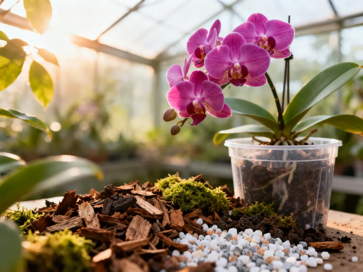 Przesadzanie storczyka Phalaenopsis do przezroczystej doniczki z odpowiednim podłożem z kory, mchu i perlitu.