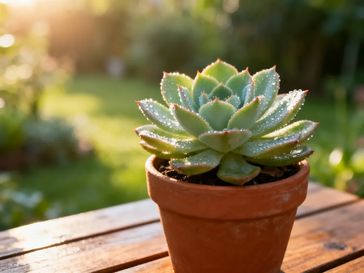 Zdrowa echeveria w terakotowej doniczce na drewnianym stole, oświetlona porannym światłem słonecznym.
