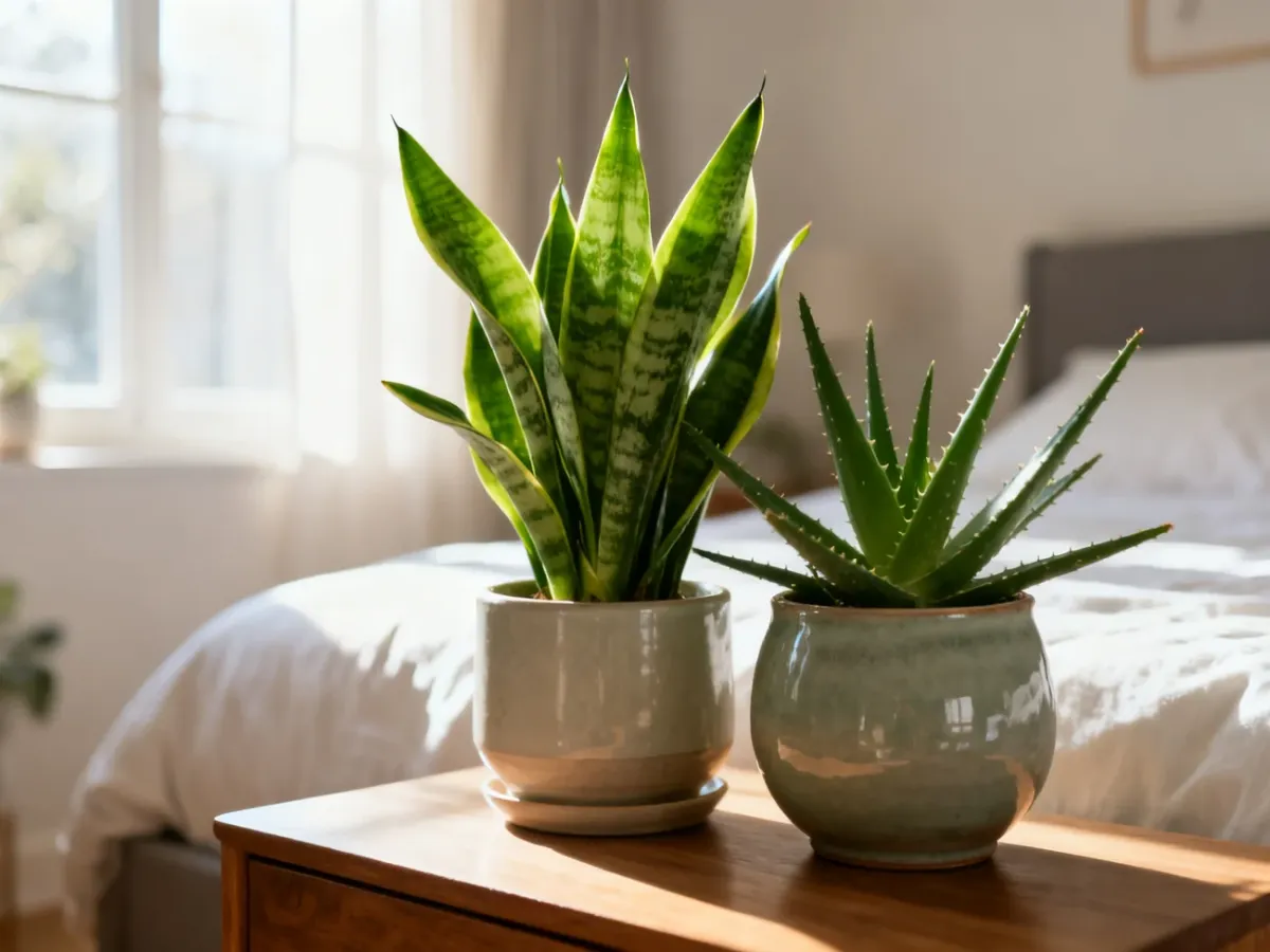 Sansewieria i aloes w ceramicznych doniczkach na sypialnianym stoliku, tworzące przytulny i świeży klimat.