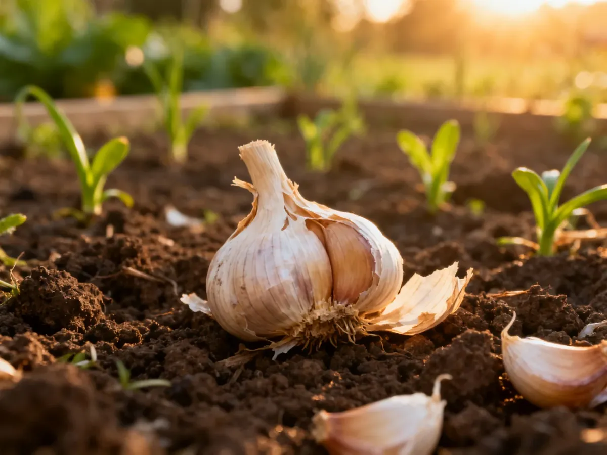 Świeże główki czosnku leżące na żyznej glebie w ogrodzie, z młodymi pędami widocznymi w tle w porannym świetle.