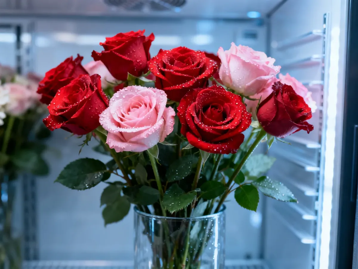 Bukiet świeżych róż w wazonie z kroplami rosy na tle chłodniczej witryny florystycznej.