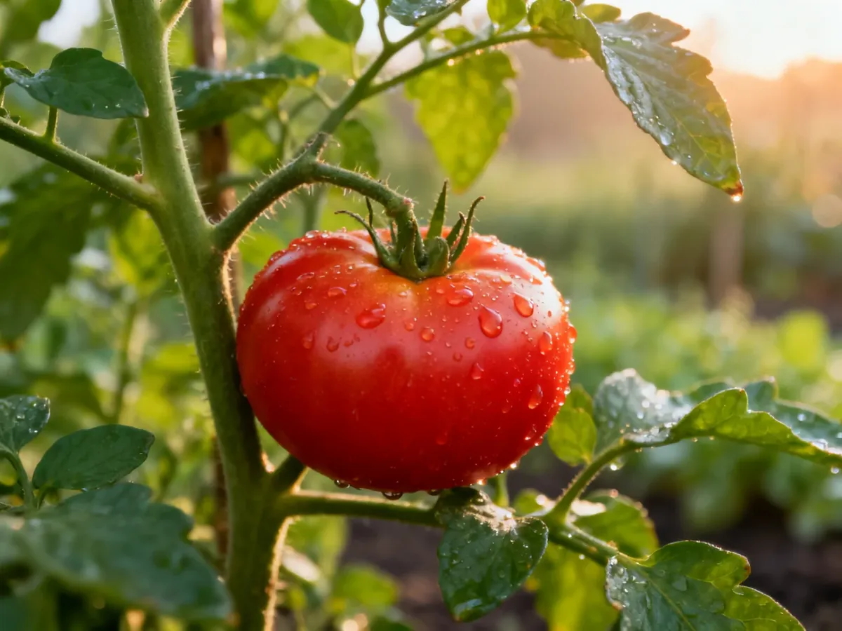Zdrowy, czerwony pomidor na krzaku w ogrodzie, oświetlony porannym słońcem z widocznymi kroplami rosy.