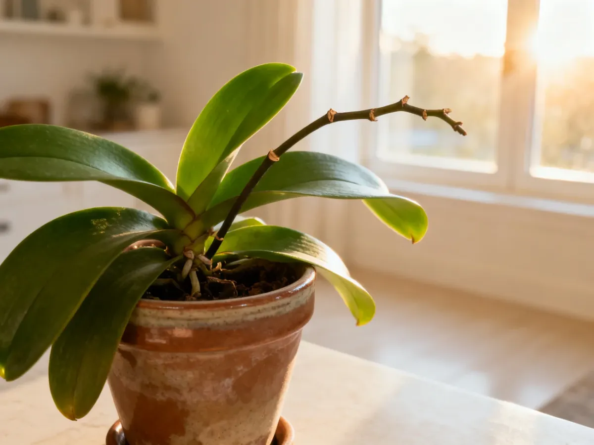 Zdrowy storczyk Phalaenopsis z przyciętą łodygą w ceramicznej doniczce, gotowy do ponownego kwitnienia w domowym wnętrzu.