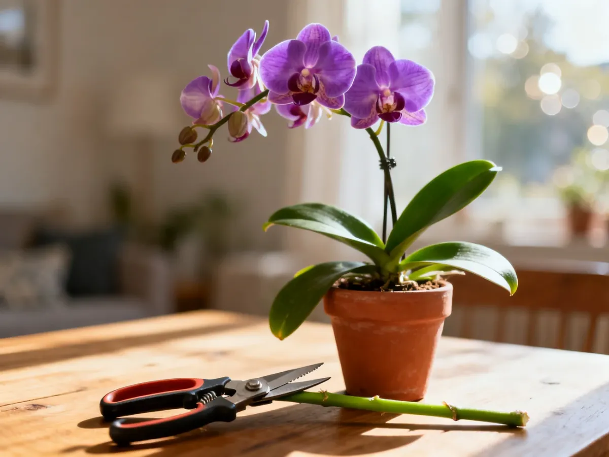 Profesjonalne nożyce ogrodnicze przy łodydze zdrowego storczyka Phalaenopsis, gotowe do przycinania rośliny.