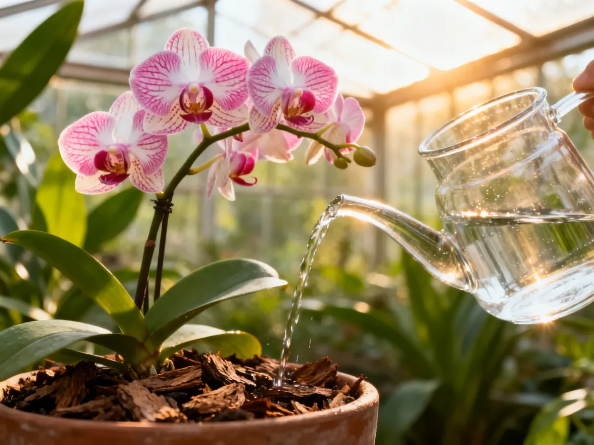 Kwiaty storczyka Phalaenopsis w zbliżeniu, podczas podlewania wodą z konewki bezpośrednio do podłoża z kory.