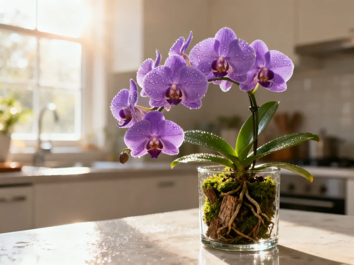 Kwitnący storczyk Phalaenopsis w szklanej doniczce z widocznymi korzeniami, ustawiony w słonecznej kuchni.