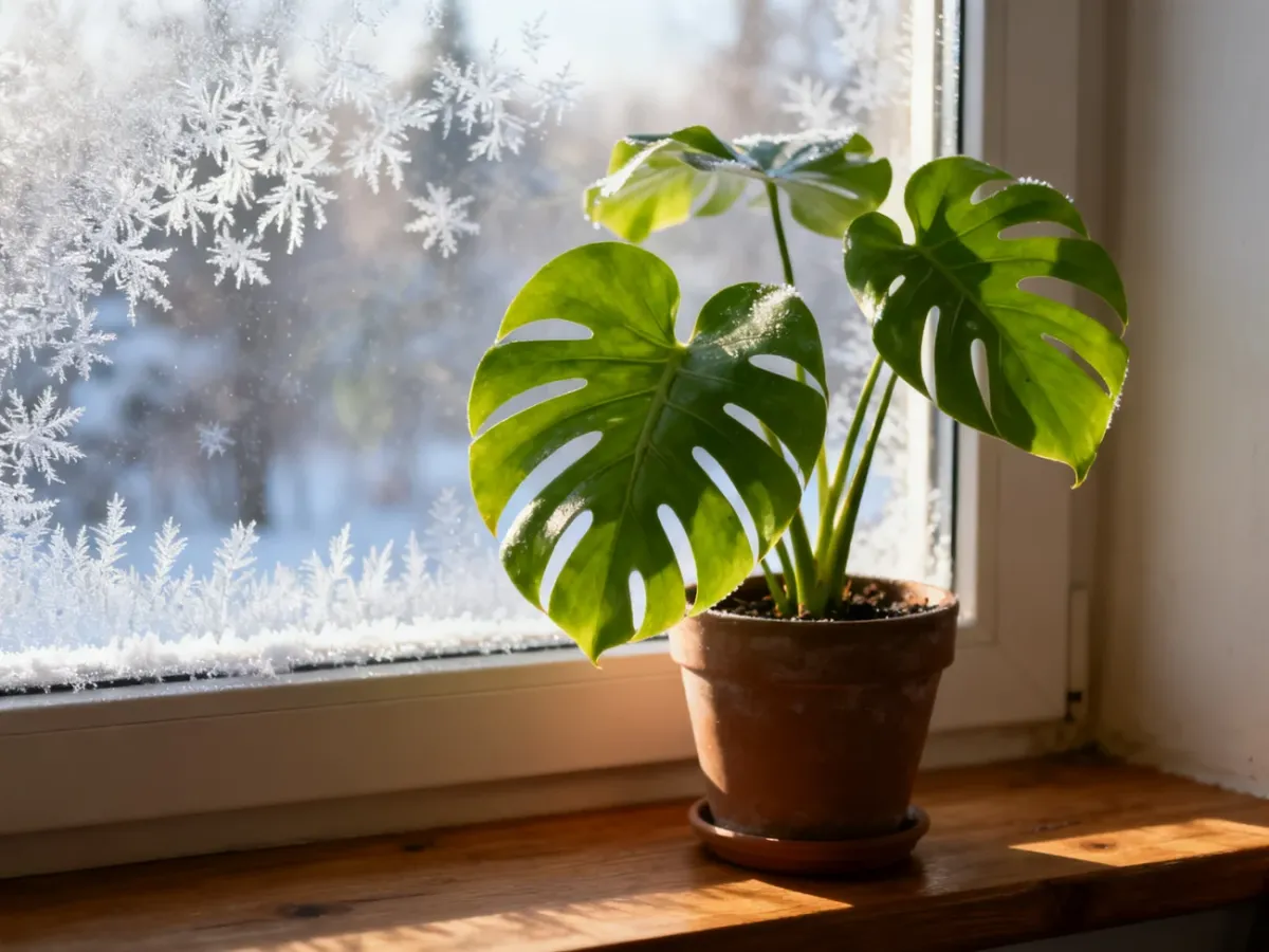 Zielona monstera w doniczce na parapecie przy oszronionym oknie, podkreślająca przytulną atmosferę zimą.
