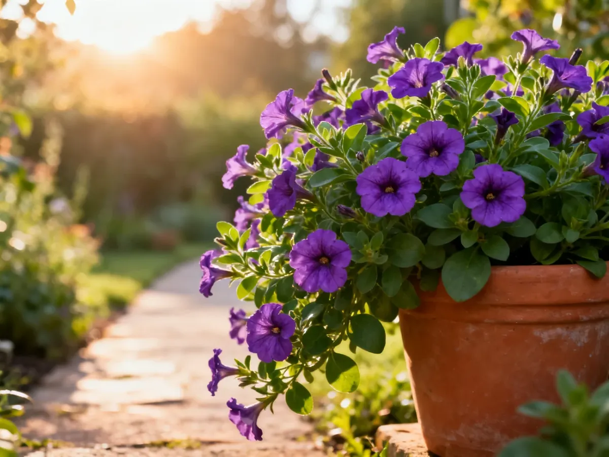 Bujna, kwitnąca na fioletowo Supertunia Vista w terakotowej donicy, podkreślająca obfitość tej odmiany w ogrodzie.