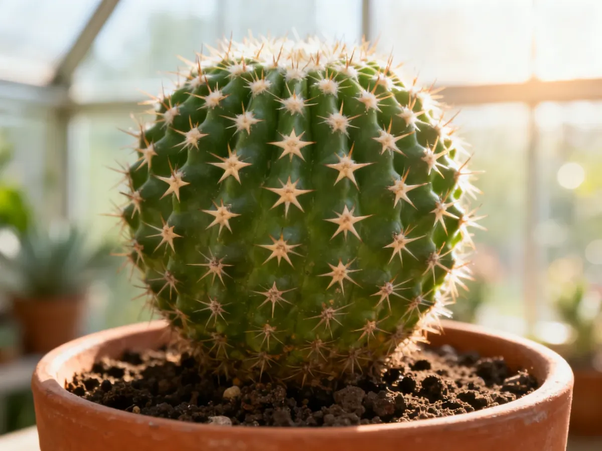 Zdrowy kaktus Mammillaria w terakotowej doniczce, z wyraźnymi, gwiazdkowatymi cierniami w świetle poranka.