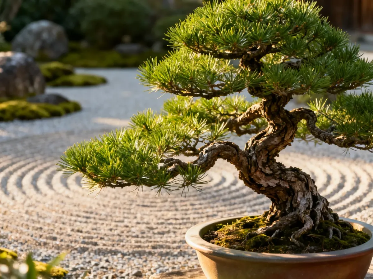 Artystycznie uformowane bonsai w ceramicznej donicy na tle spokojnego ogrodu zen w porannym świetle.