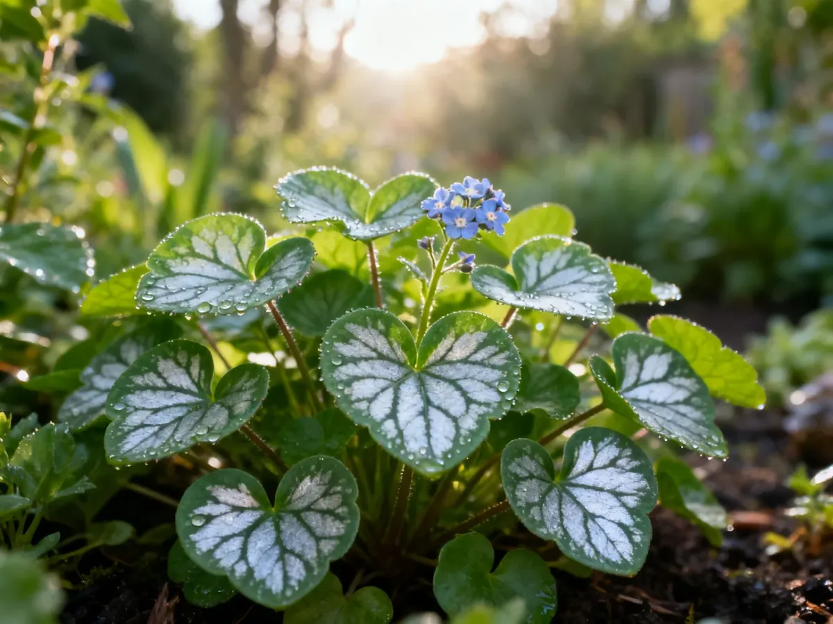 Zbliżenie na sercowate, srebrzysto-zielone liście brunery z widocznymi kroplami rosy w słonecznym ogrodzie.