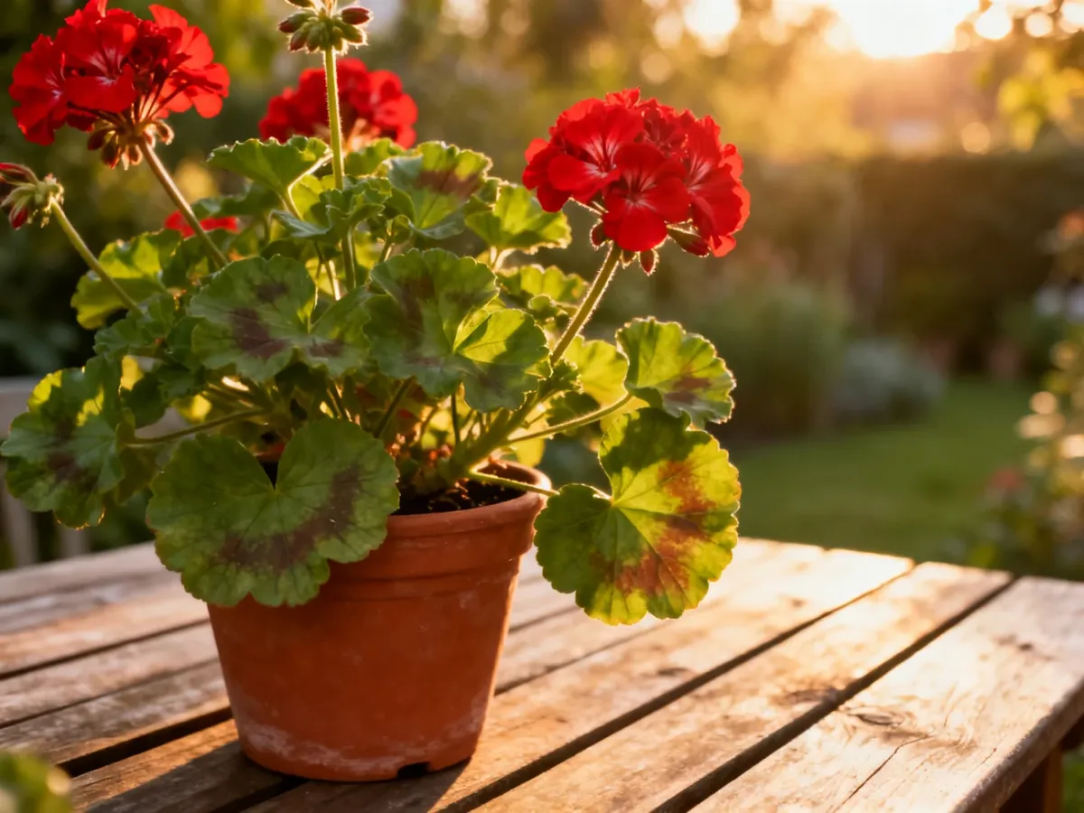 Zdrowe, czerwone pelargonie w doniczce na drewnianym stole w ogrodzie, oświetlone ciepłym światłem zachodzącego słońca.