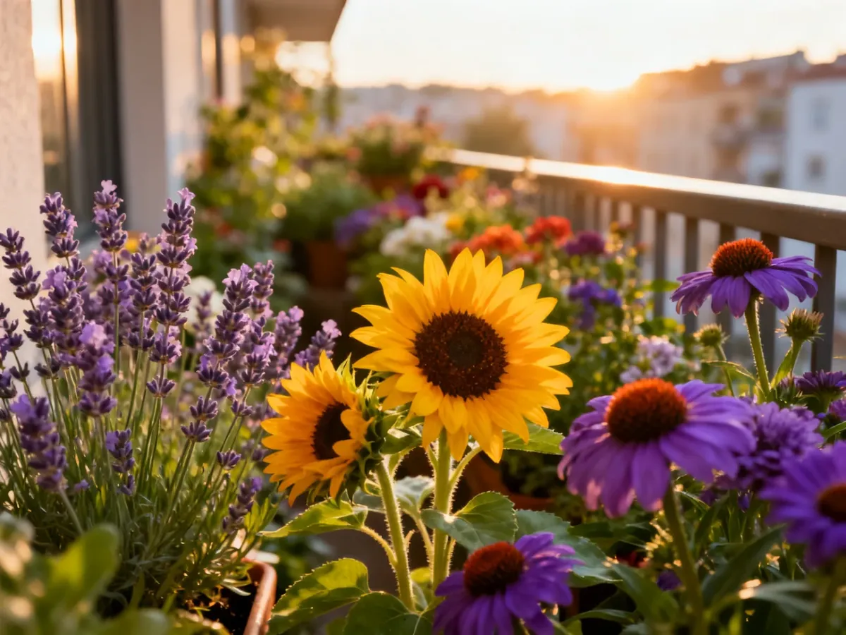 Słoneczny balkon pełen kwitnącej lawendy, słoneczników i jeżówek, które przyciągają pszczoły.