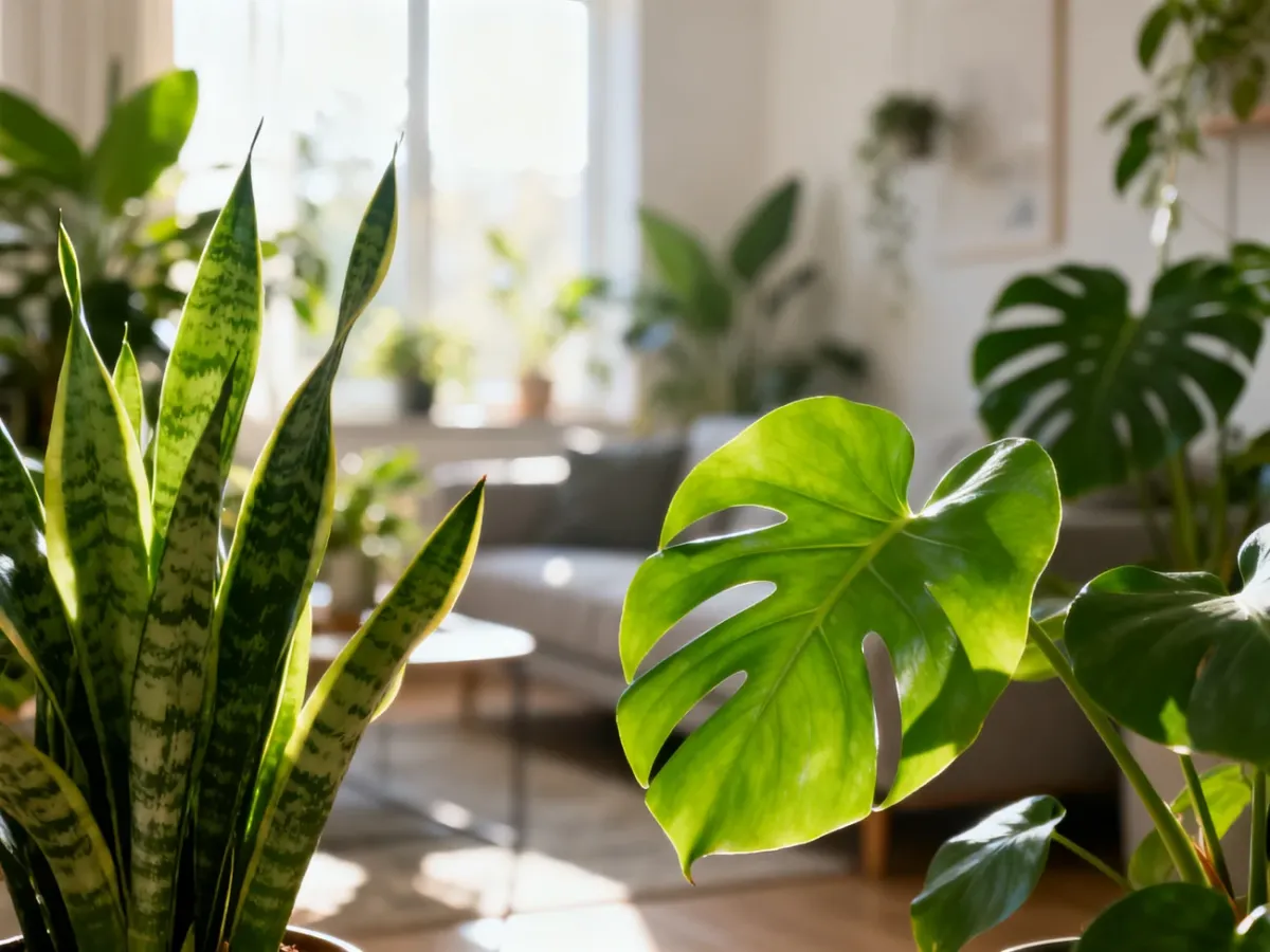 Nowoczesny salon wypełniony zdrowymi roślinami doniczkowymi, takimi jak sansewieria i monstera, oczyszczającymi powietrze.