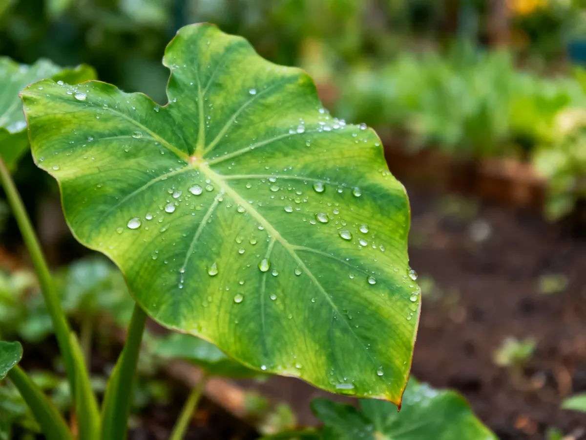 Zdrowy, zielony liść z kroplami porannej rosy, symbolizujący witalność i dobrą kondycję rośliny.