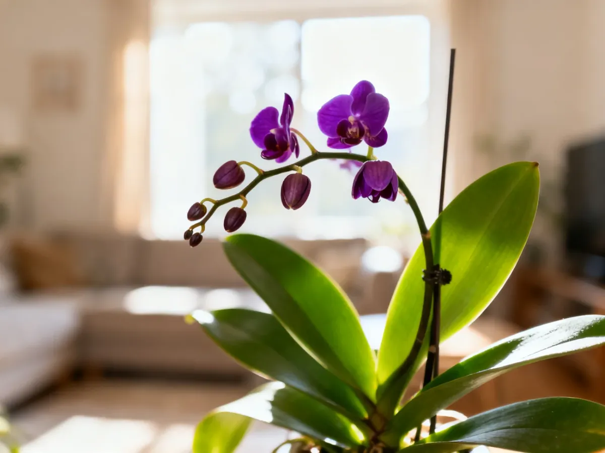 Zdrowe storczyki Phalaenopsis z pąkami kwiatowymi w słonecznym salonie, gotowe do ponownego zakwitnięcia.
