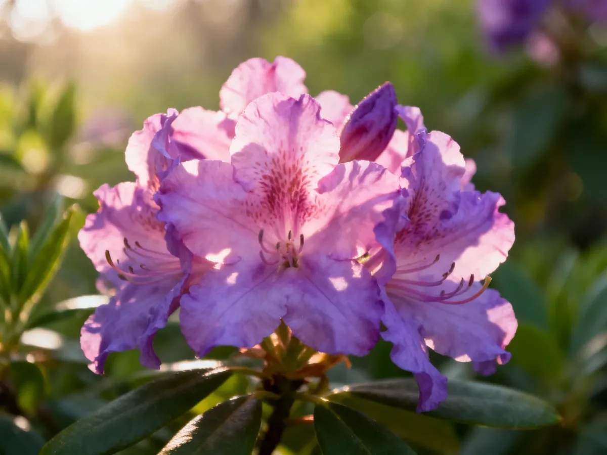 Kwitnące różowe i fioletowe kwiaty rododendronów w słonecznym ogrodzie, symbolizujące wiosenny czas sadzenia roślin.